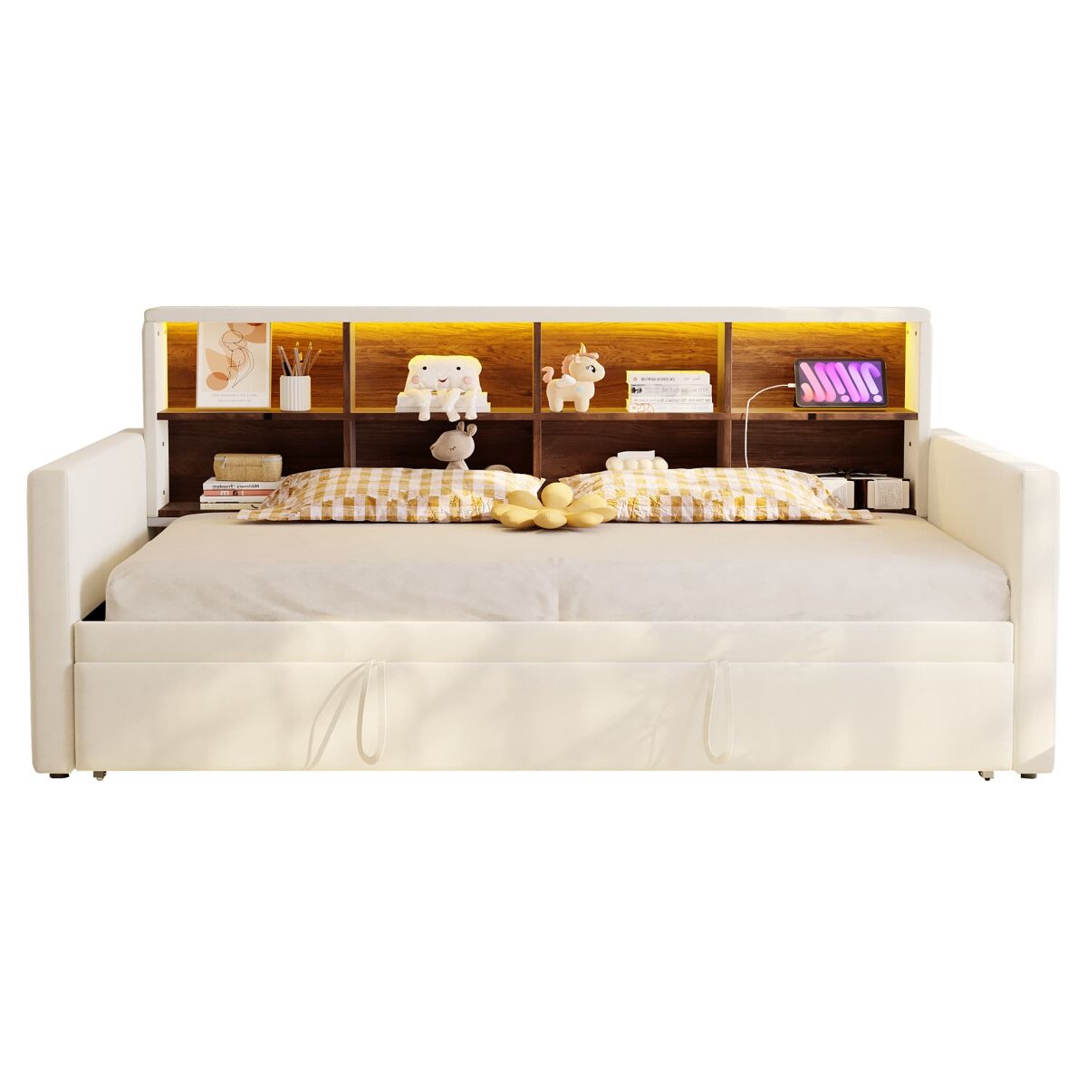 Sofá-cama 90x190 cm - cabeceira com arrumação, led, tomada de carregamento, com cama extraível - bege
