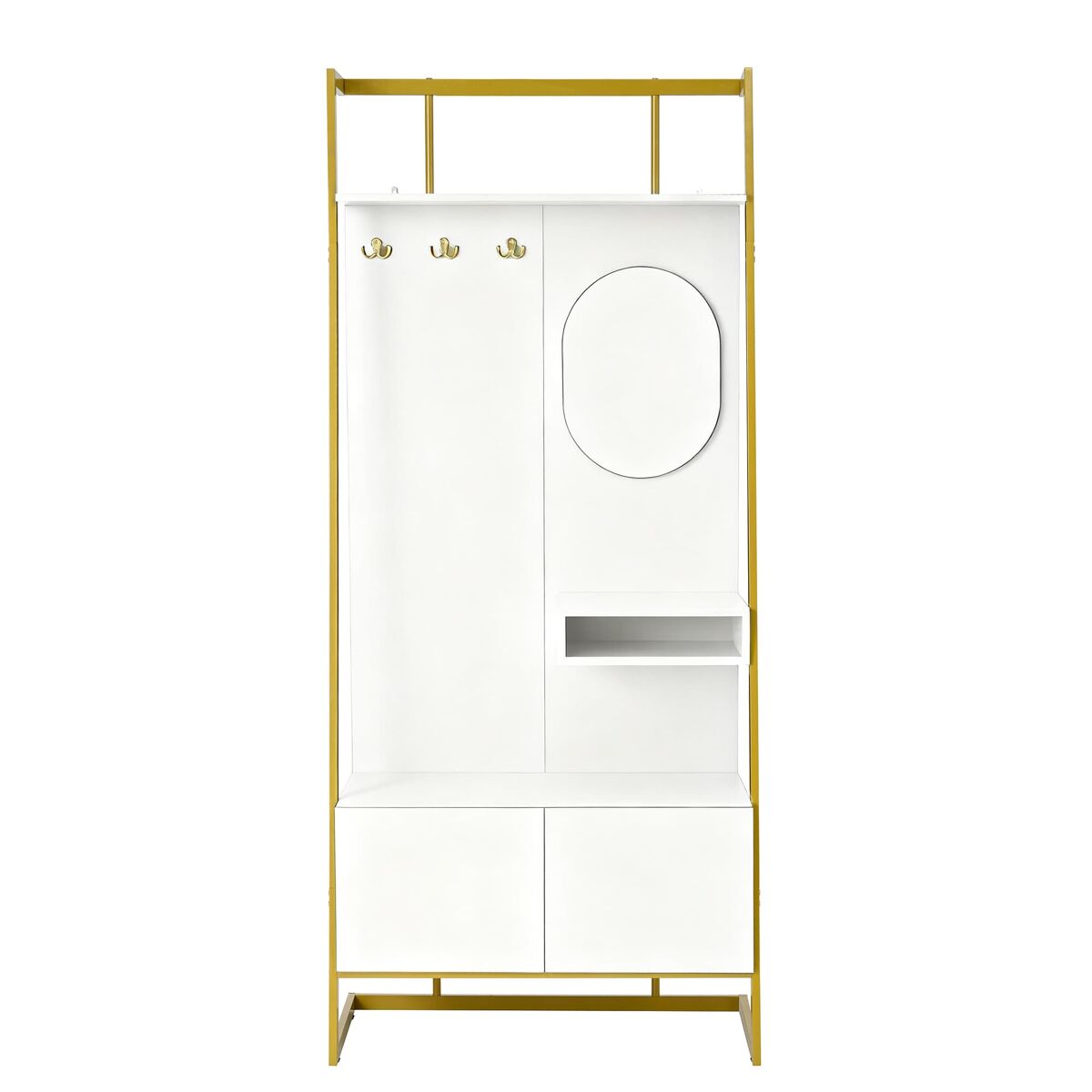 Móvel compacto para hall de entrada 78x38,5x180,5 cm - com espelho, ganchos metálicos, banco para sapatos - branco