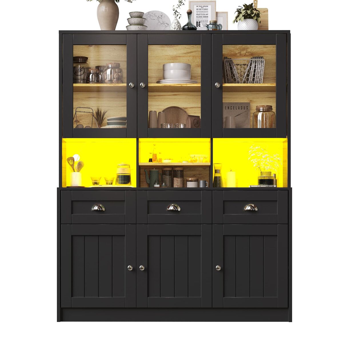 Aparador 140x40x175 cm - vitrine com prateleiras ajustáveis, led, cores variáveis - preto