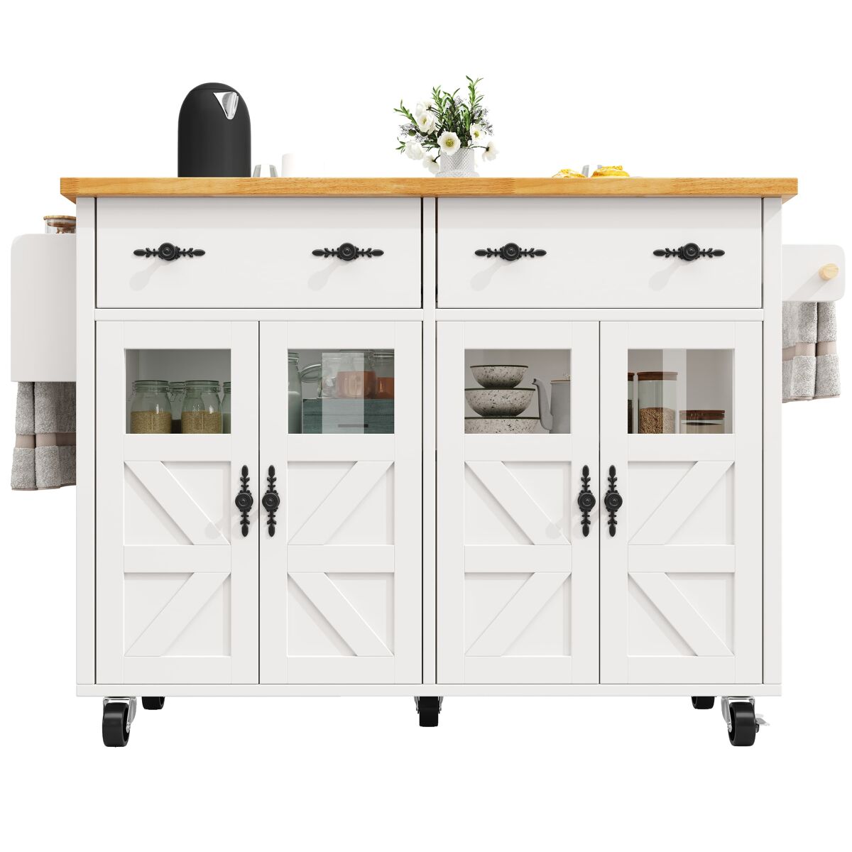 Ilha de cozinha móvel - grande capacidade de armazenamento, étagères ajustáveis e rodas com travão, móvel buffet multifuncional - blanc