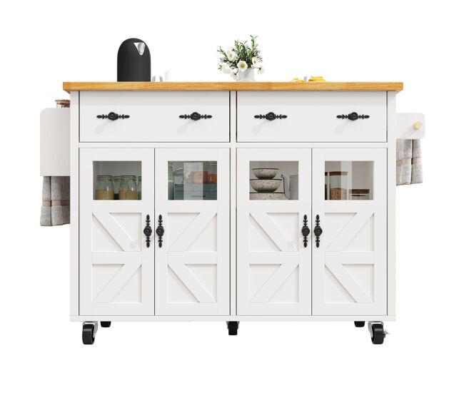 Ilha de cozinha móvel - grande capacidade de armazenamento, étagères ajustáveis e rodas com travão, móvel buffet multifuncional - blanc