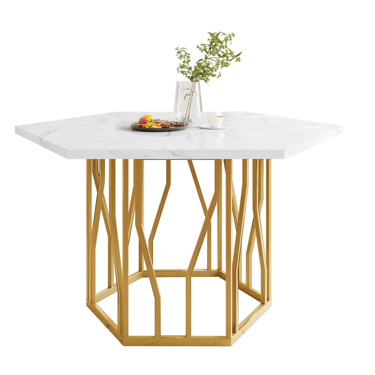 Mesa de jantar moderna - 6 lados - estrutura metálica - cor dourada