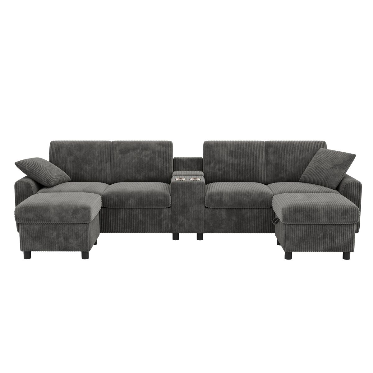 Sofá em forma de u 315x81x135 cm - 2 pufes com arrumação, mesa, 2 porta-copos, 1 usb, 2 tomadas, 2 type-c - cinza