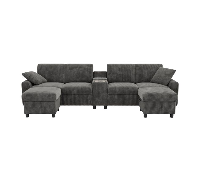 Sofá em forma de u 315x81x135 cm - 2 pufes com arrumação, mesa, 2 porta-copos, 1 usb, 2 tomadas, 2 type-c - cinza
