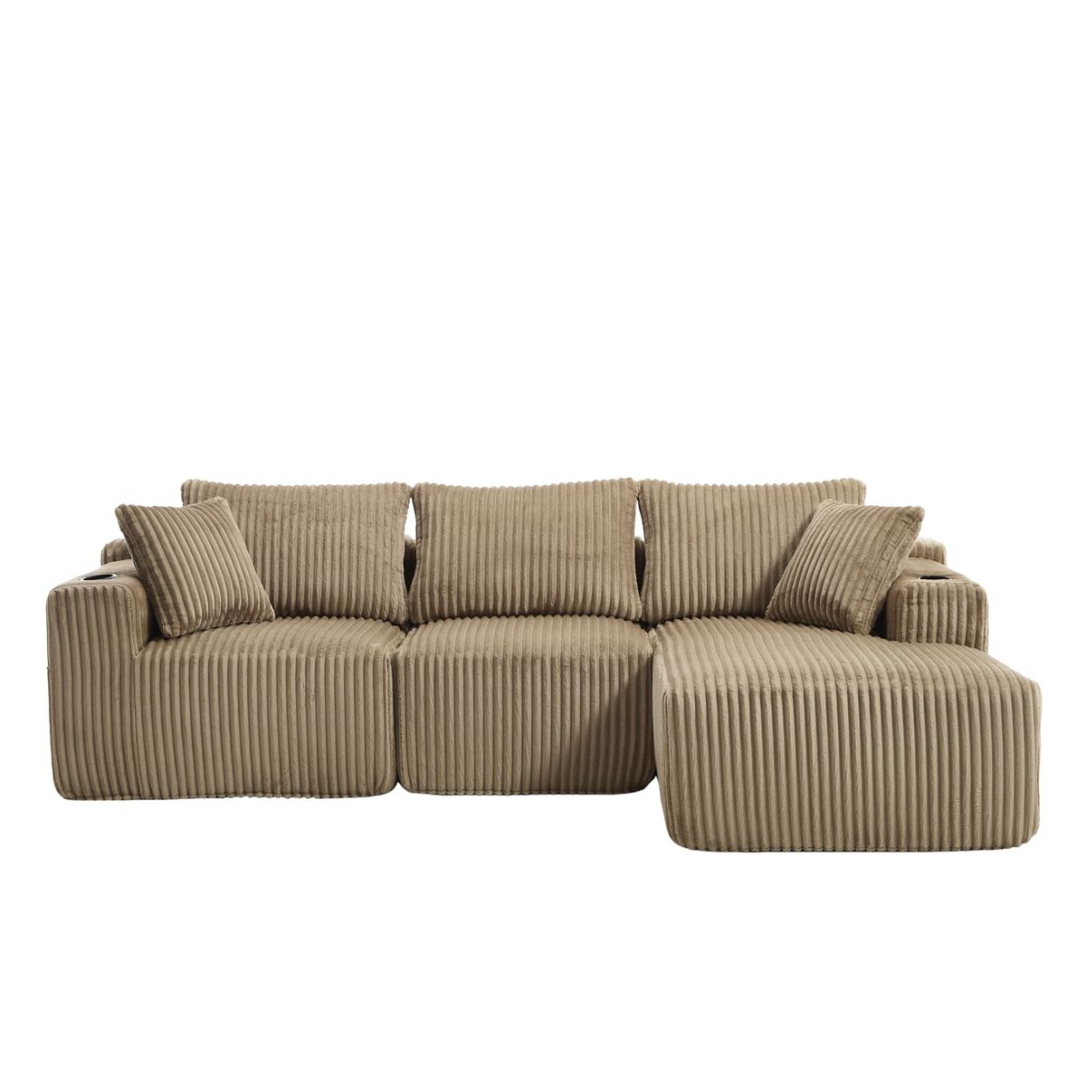 Sofá modular de 3 lugares - chaise longue, 5 almofadas, bolsos laterais, porta-copos, tecido macio, espuma densa - cáqui