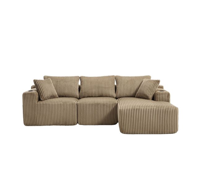 Sofá modular de 3 lugares - chaise longue, 5 almofadas, bolsos laterais, porta-copos, tecido macio, espuma densa - cáqui