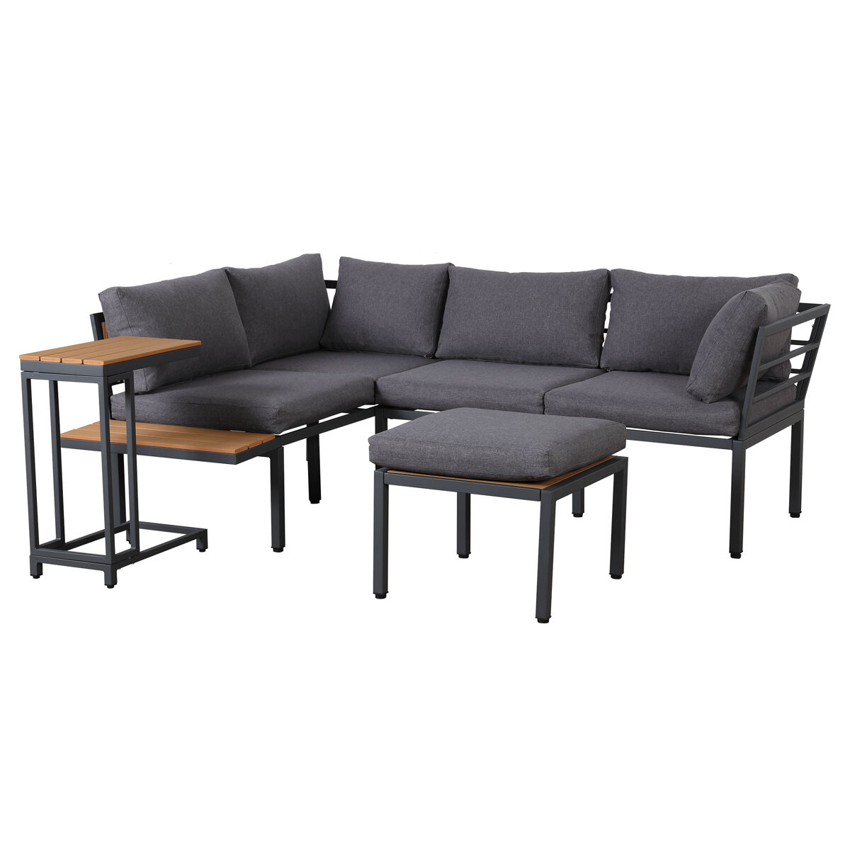 Verona Conjunto De Móveis De Jardim - Sofá + Mesa Auxiliar + Mesa De Centro (Pode Ser Usada Como Apoio Para Os Pés) - Estrutura Em Aço Galvanizado, Superfície Em Madeira Plástica - Cinza + Preto