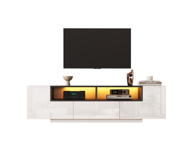 Móvel de tv 180x40x48 cm - lowboard com luz led, formato em l, com gavetas - branco e preto
