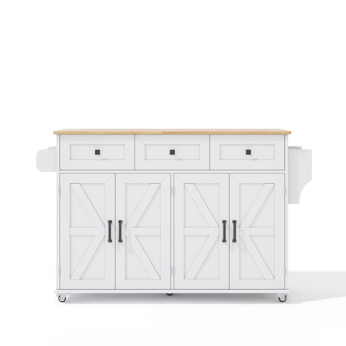 Ilha de cozinha 140x43(70)x90,5 cm - 5 rodas bloqueáveis, 4 portas, 3 gavetas, prateleira, toalheiros - branco+natural