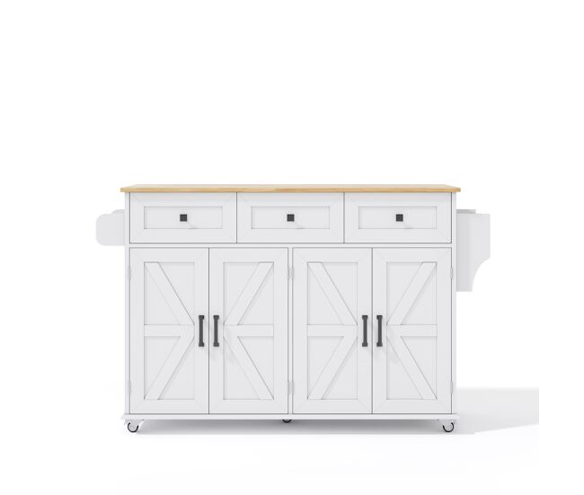 Ilha de cozinha 140x43(70)x90,5 cm - 5 rodas bloqueáveis, 4 portas, 3 gavetas, prateleira, toalheiros - branco+natural
