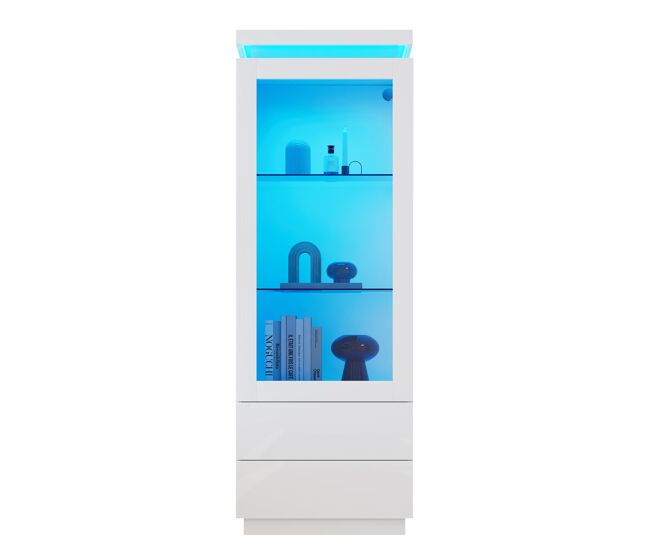 Vitrine alta 60x40x171 cm - alto brilho com led, 2 gavetas, portas de vidro e rebatíveis, móvel para sala - branco