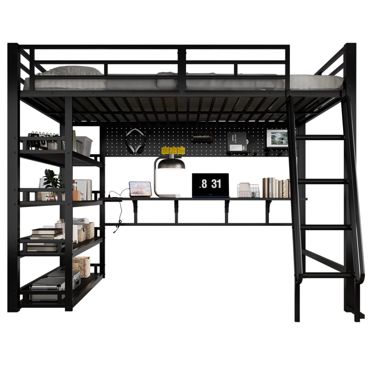 Cama alta em ferro 140x200 cm - com prateleiras, amplo espaço de arrumação, plataforma de carga, escada inclinada de quatro degraus e ganchos - preta