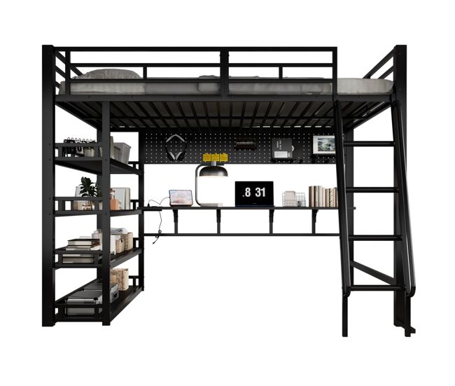 Cama alta em ferro 140x200 cm - com prateleiras, amplo espaço de arrumação, plataforma de carga, escada inclinada de quatro degraus e ganchos - preta