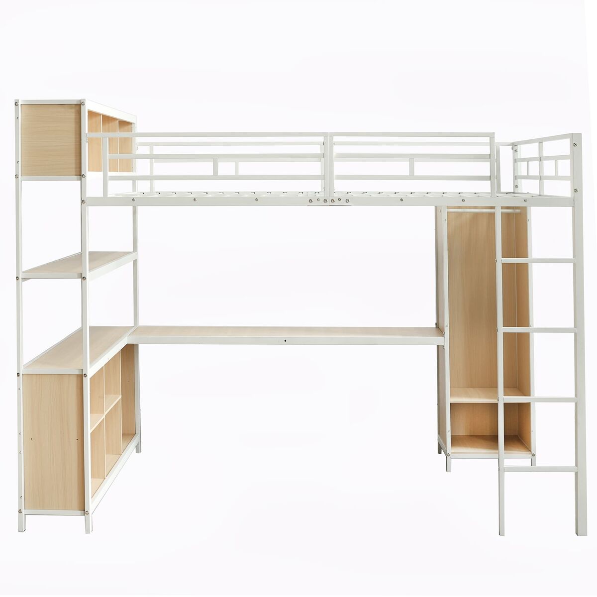 Cama alta de ferro 140x200 cm - com secretária, arrumação dupla debaixo da secretária, cama superior com espaço de arrumação e armário - branco/
