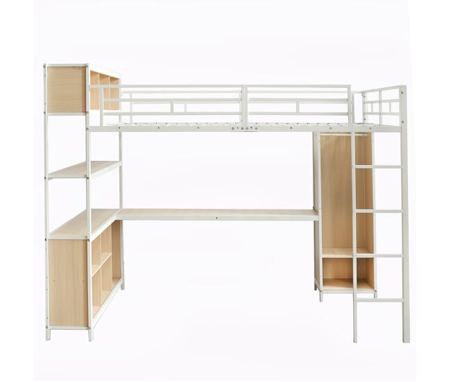 Cama alta de ferro 140x200 cm - com secretária, arrumação dupla debaixo da secretária, cama superior com espaço de arrumação e armário - branco/