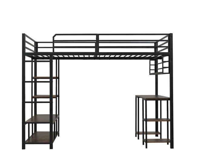 Cama alta de metal 120x200 cm - secretária com prateleira, estrado resistente e escada de 4 degraus - preto escuro