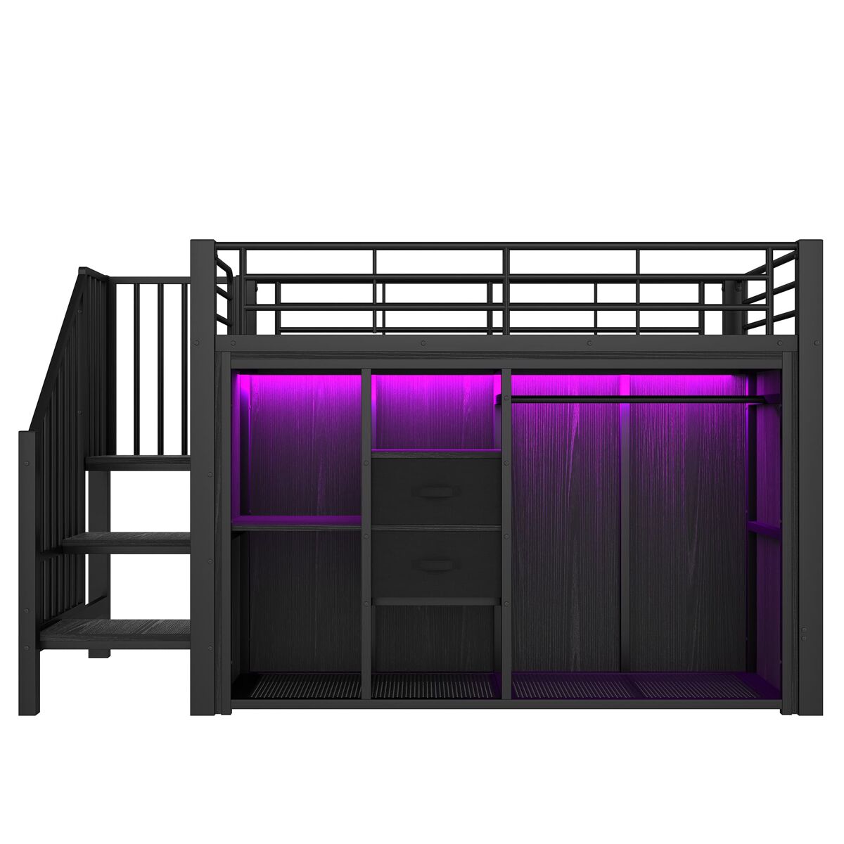 Cama infantil semi alta 90x200 cm - 2 gavetas, armário aberto, iluminação led multicolorida e vários compartimentos - preto
