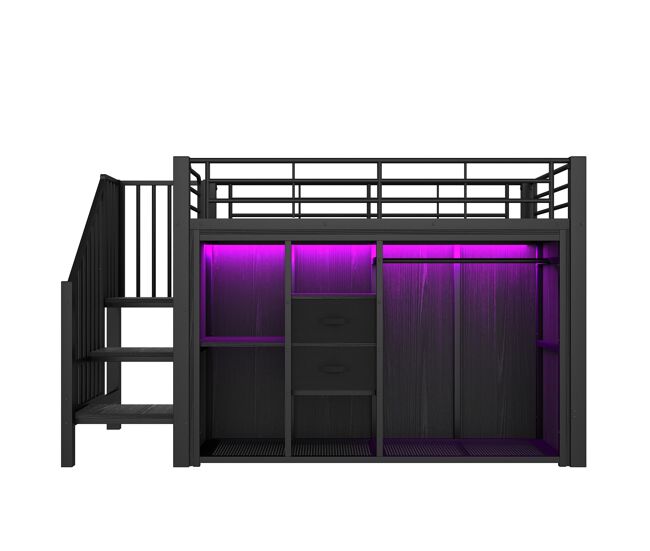 Cama infantil semi alta 90x200 cm - 2 gavetas, armário aberto, iluminação led multicolorida e vários compartimentos - preto
