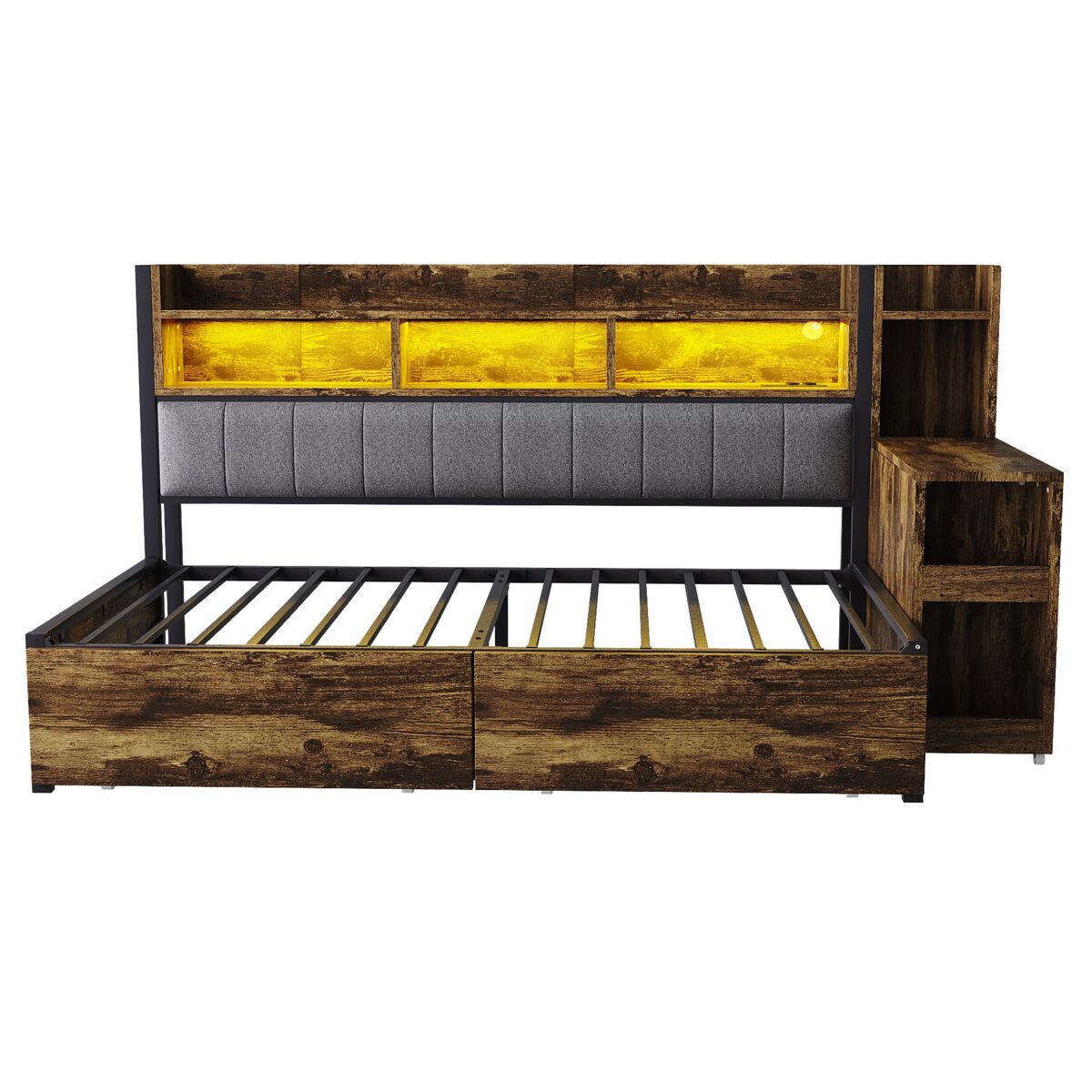 Cama de ferro 90x200 cm - com arrumação, gavetas, secretária extraível, tomadas e led - cor madeira