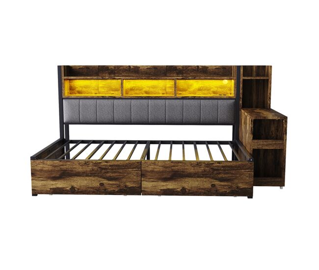 Cama de ferro 90x200 cm - com arrumação, gavetas, secretária extraível, tomadas e led - cor madeira