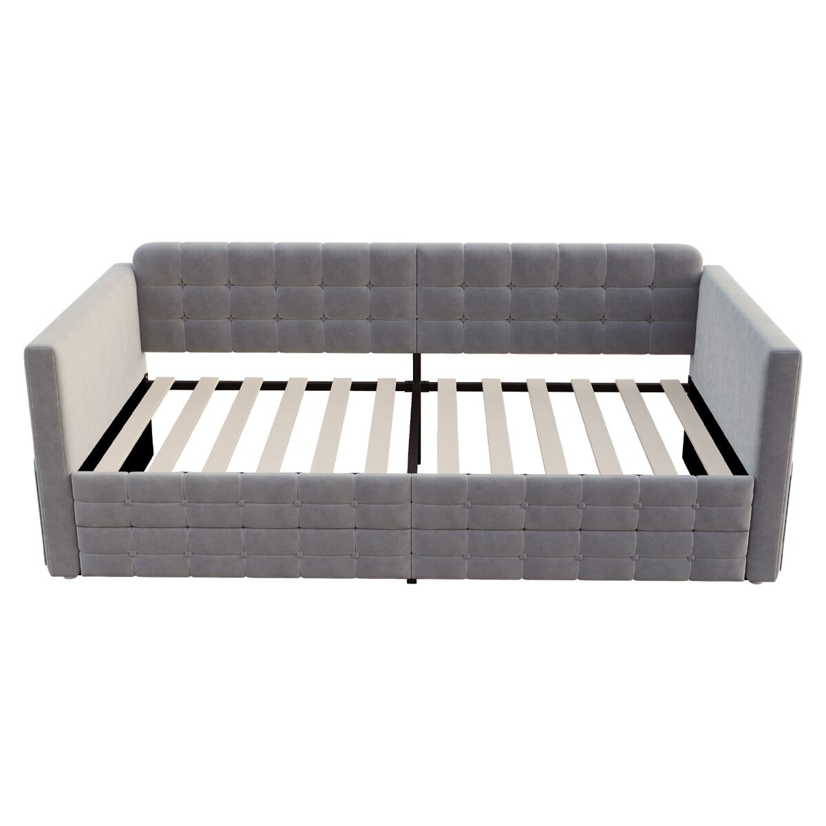Cama estofada 90×190 cm - padrão xadrez, compartimentos laterais, 2 gavetas, veludo - cinza