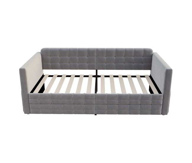 Cama estofada 90×190 cm - padrão xadrez, compartimentos laterais, 2 gavetas, veludo - cinza