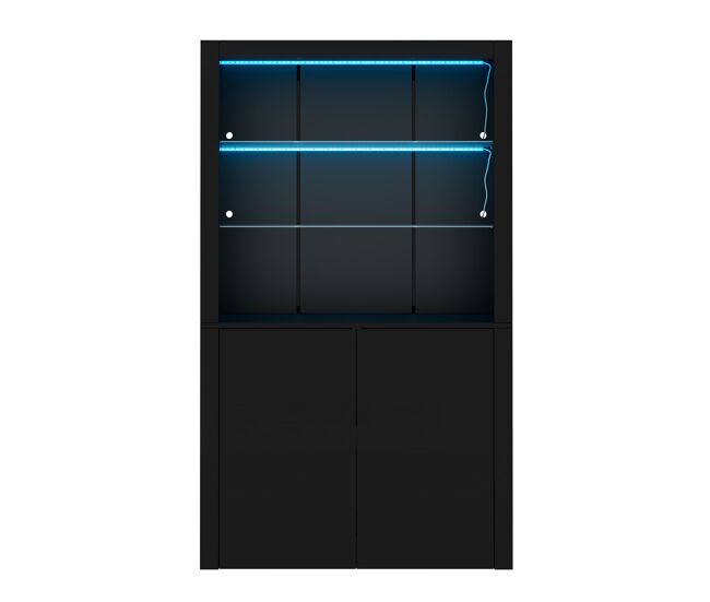 Vitrine alta 100x35x170 cm - alto brilho com led, 2 prateleiras de vidro e 2 armários, móvel de arrumação para sala - preto