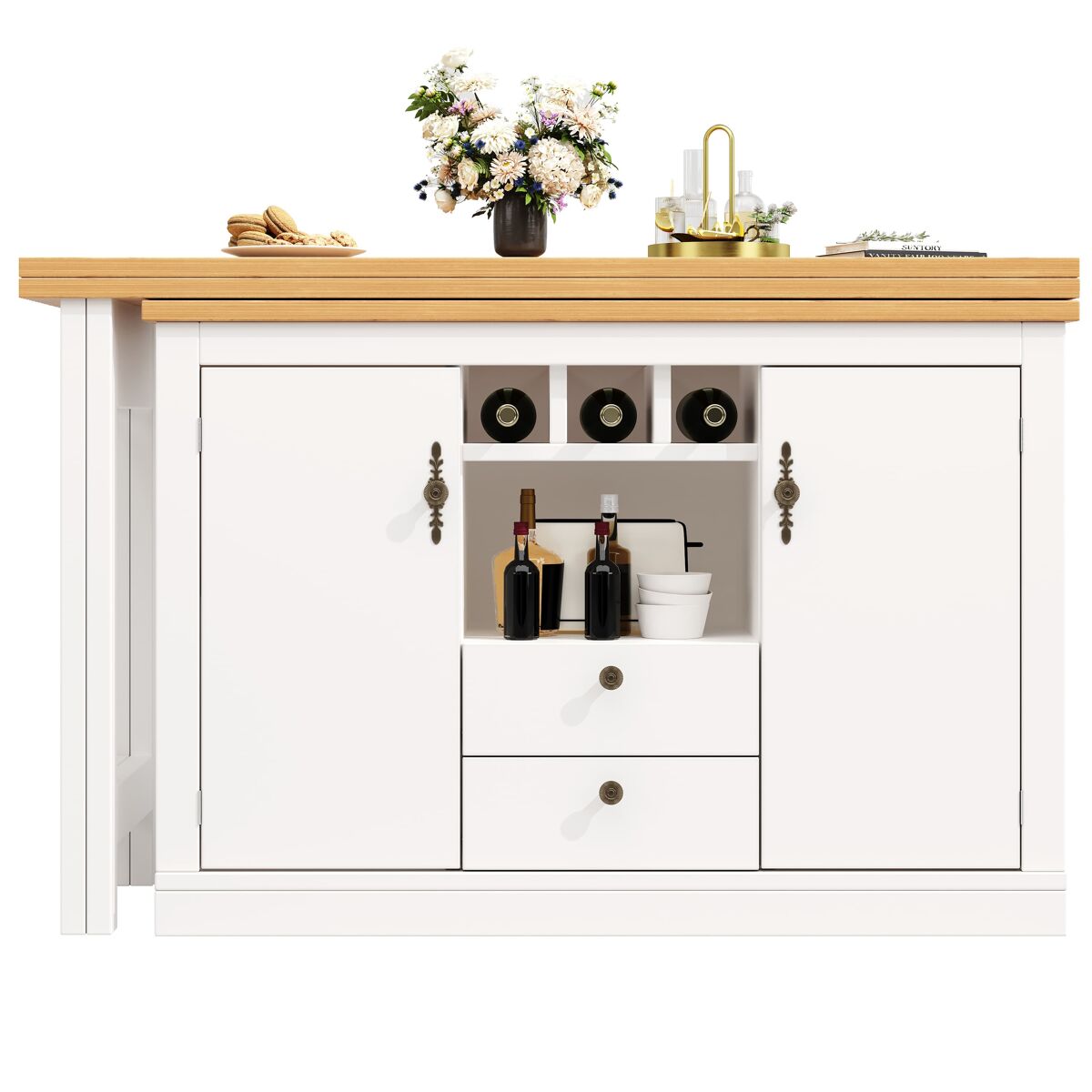 Mesa de bar extensível 120-180 cm - com função de rotação de 360° e arrumação - branca
