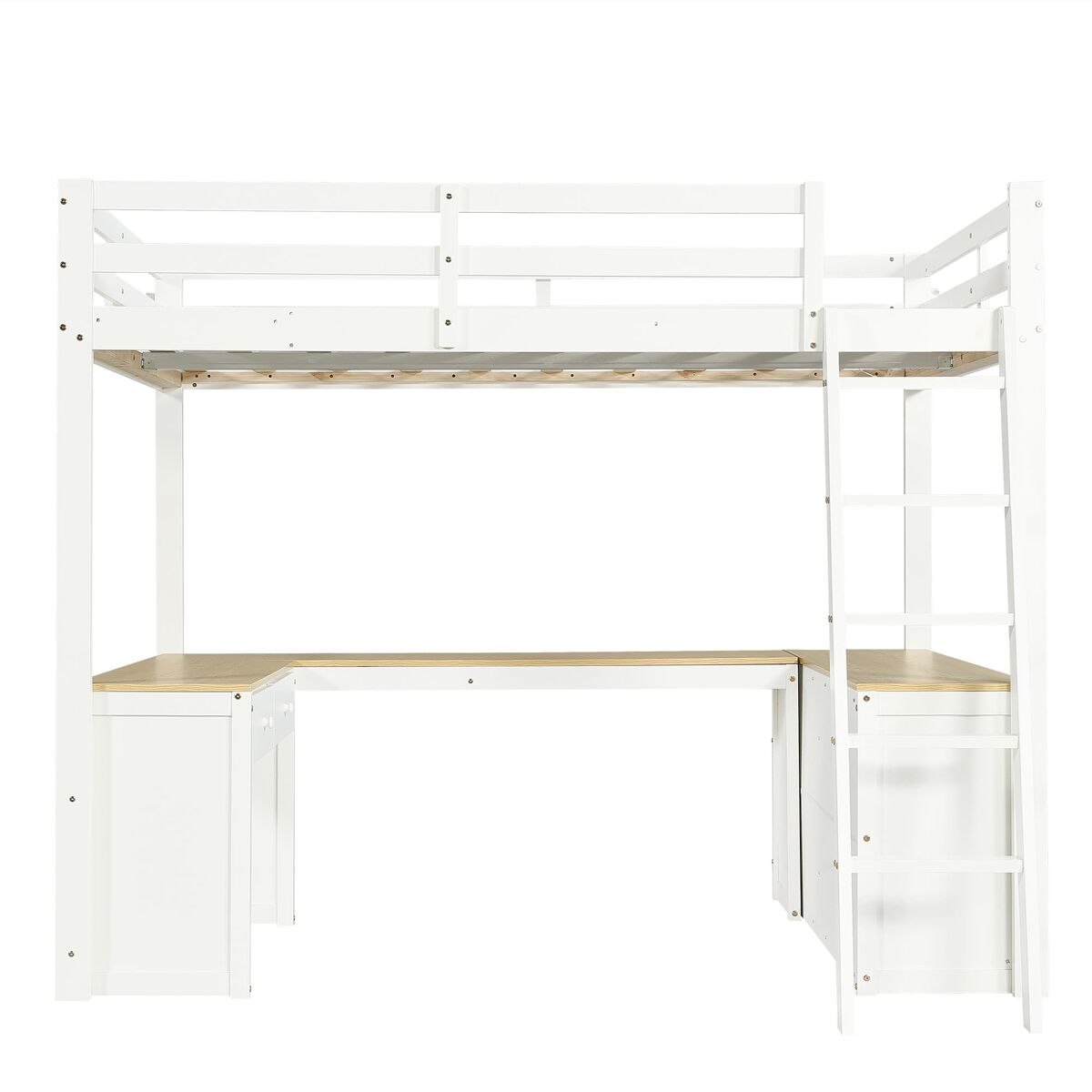 Cama alta infantil 140x200 cm - secretária comprida em u, 2 gavetas, estante de arrumação e base resistente - branco e natural
