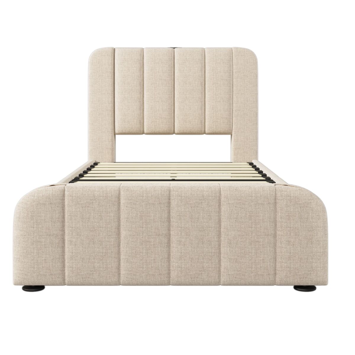 Cama individual estofada 90x200 cm - cabeceira acolchoada com franjas douradas, 4 gavetas e carregador usb tipo c, estrado e colchão incluídos - linho