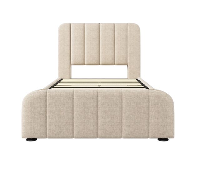 Cama individual estofada 90x200 cm - cabeceira acolchoada com franjas douradas, 4 gavetas e carregador usb tipo c, estrado e colchão incluídos - linho