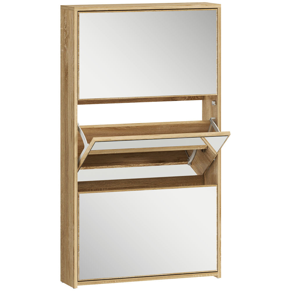 Homcom sapateira estreita 3 portas com espelho sapateira para entrada corredor para 9 pares de sapatos para corredor espaços reduzidos 65x17x114,5 cm madeira