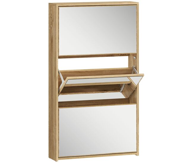Homcom sapateira estreita 3 portas com espelho sapateira para entrada corredor para 9 pares de sapatos para corredor espaços reduzidos 65x17x114,5 cm madeira