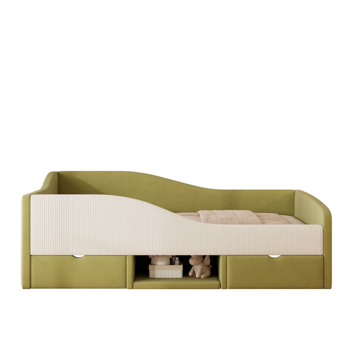 Cama multifuncional 90x190 cm - com duas gavetas e barreiras - verde escuro + creme