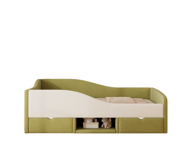 Cama multifuncional 90x190 cm - com duas gavetas e barreiras - verde escuro + creme