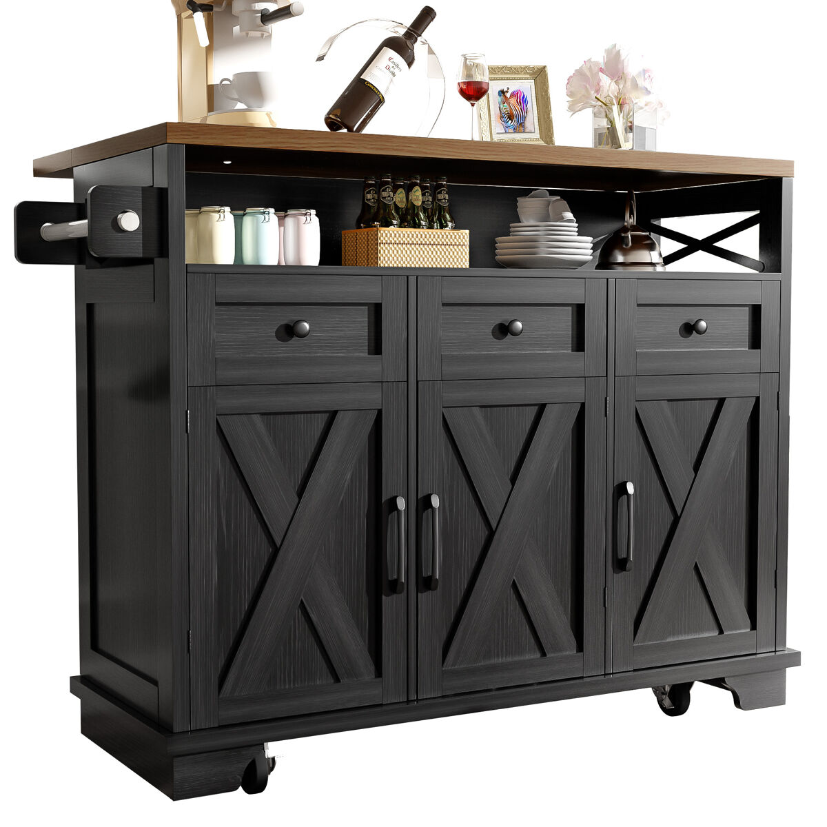 Carrinho de cozinha com 3 portas e 3 gavetas 118 Preto