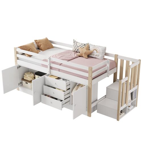 Cama alta,cama de criança de mdf 90x200 cm,branco+natural