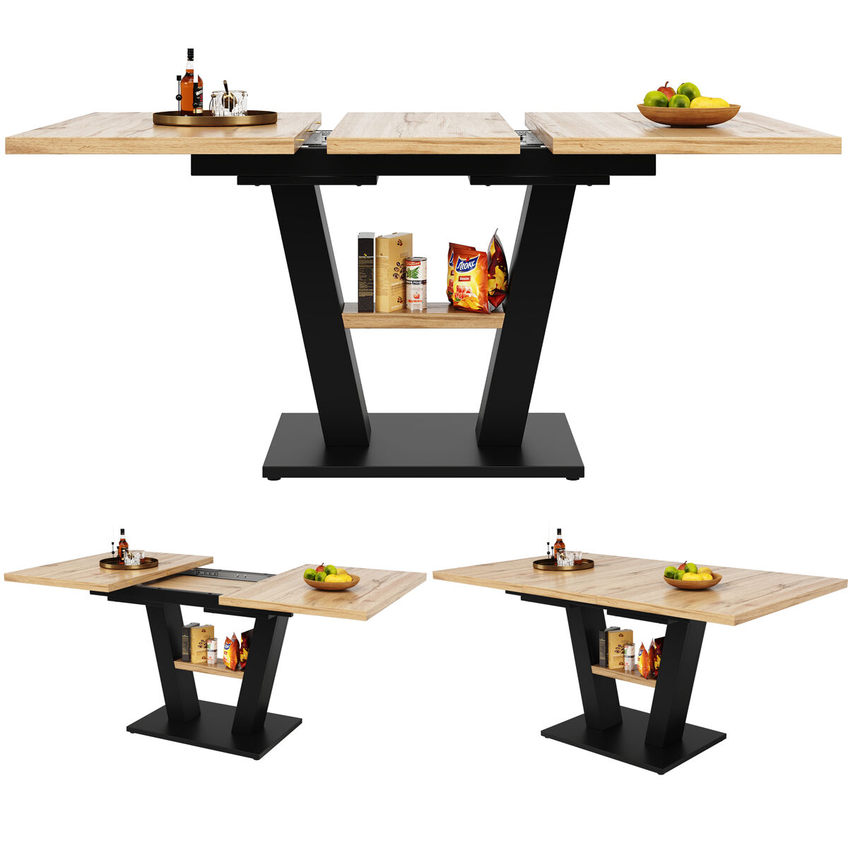 Mesa de jantar extensível retangular 118-157máx cm de mdf,natural+preto