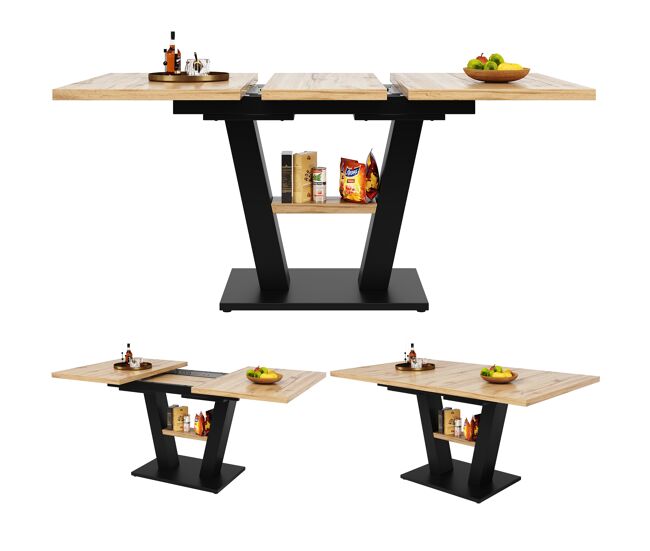 Mesa de jantar extensível retangular 118-157máx cm de mdf,natural+preto