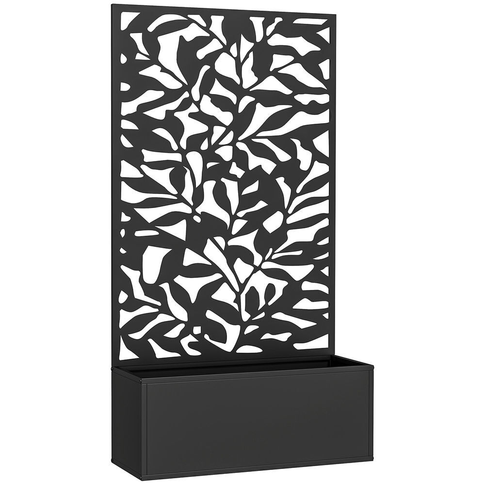 Outsunny floreira exterior grande de metal com painel de privacidade de folhas sólidas decorativas floreira de parede ou independente para jardim terraço 61x23x113 cm noir
