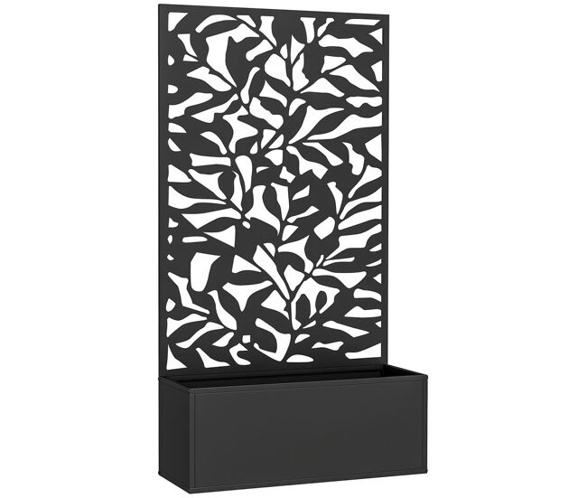 Outsunny floreira exterior grande de metal com painel de privacidade de folhas sólidas decorativas floreira de parede ou independente para jardim terraço 61x23x113 cm noir