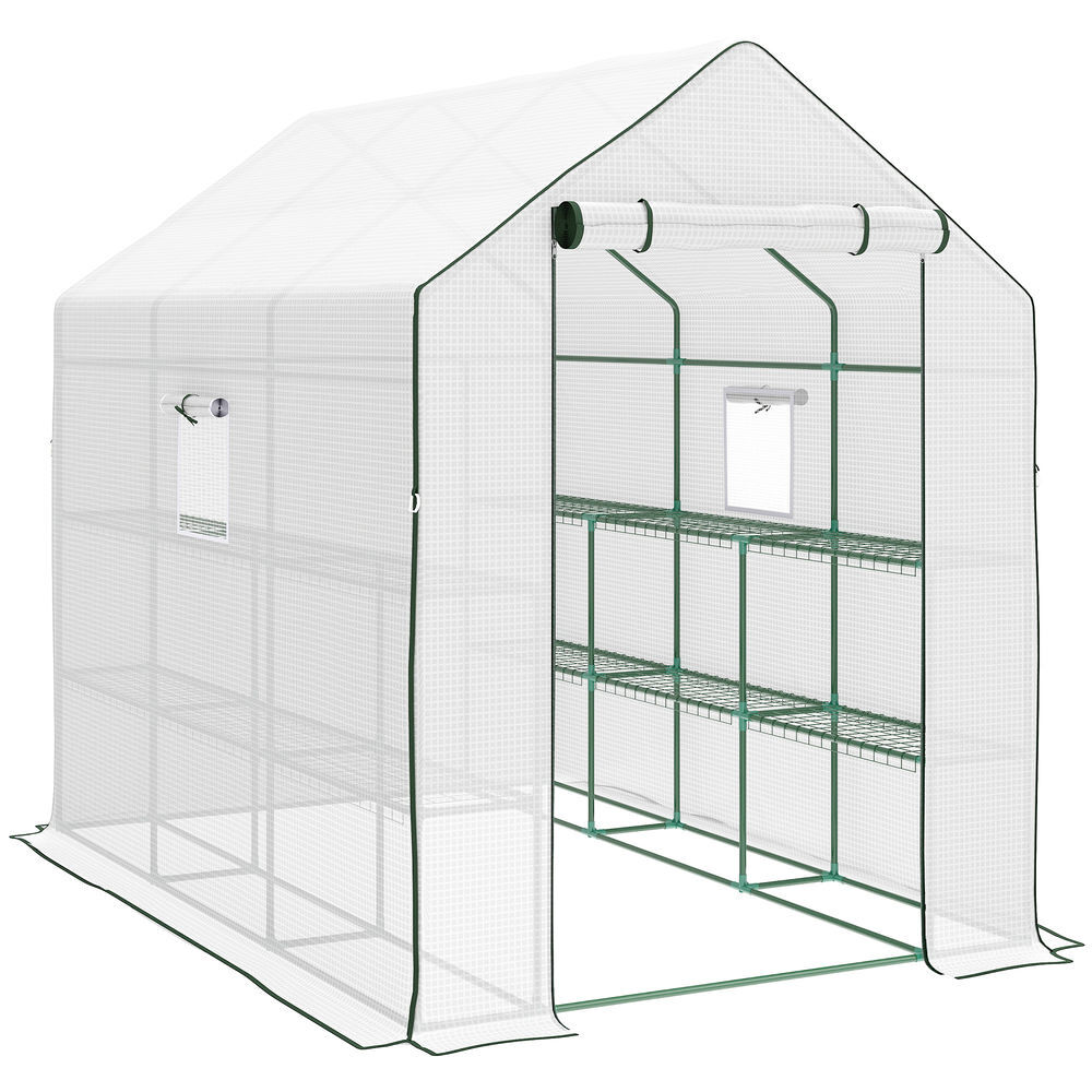 Outsunny estufa de jardim de 3 níveis estufa de exterior com 12 prateleiras porta enrolável janelas anti-uv cobertura de pe 135g/m² para cultivos
