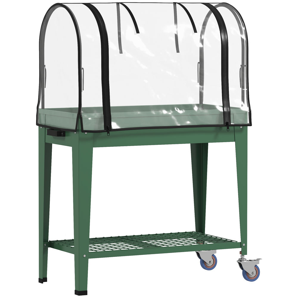 Outsunny mesa de cultivo com rodas 80x40x120 cm horta urbana elevada com cobertura de estufa e prateleira inferior para cultivar plantas flores e