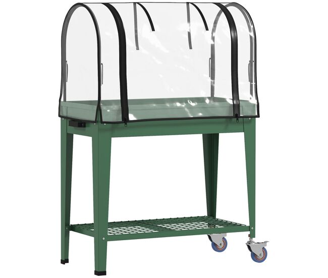 Outsunny mesa de cultivo com rodas 80x40x120 cm horta urbana elevada com cobertura de estufa e prateleira inferior para cultivar plantas flores e