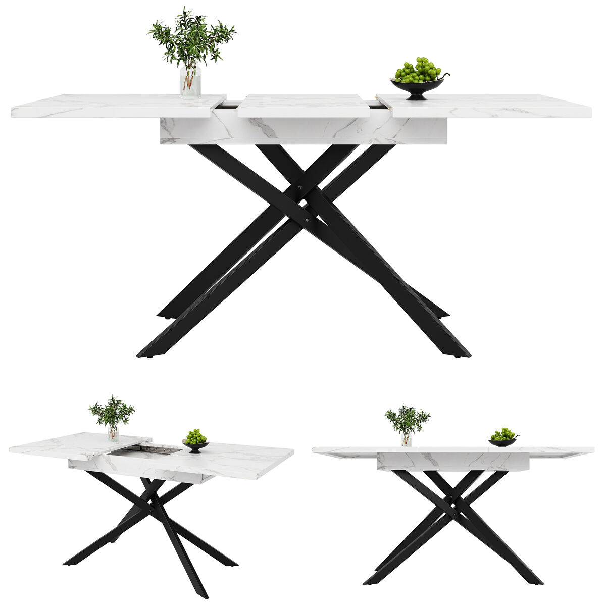 Mesa de jantar extensível retangular 120-160máx cm de mdf,branco+preto