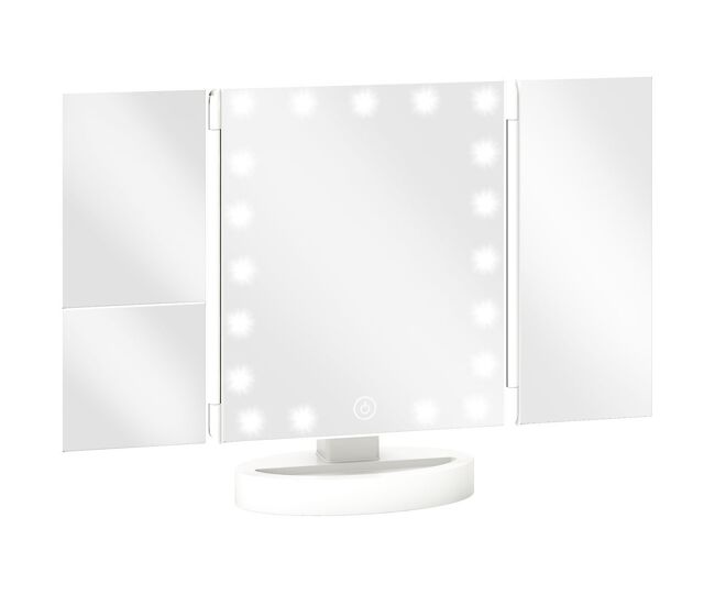 Homcom espelho de maquilhagem com luz espelho de toucador triplo com aumento 1x/2x/3x rotação livre de 180° 21 luzes led interruptor tátil fonte de