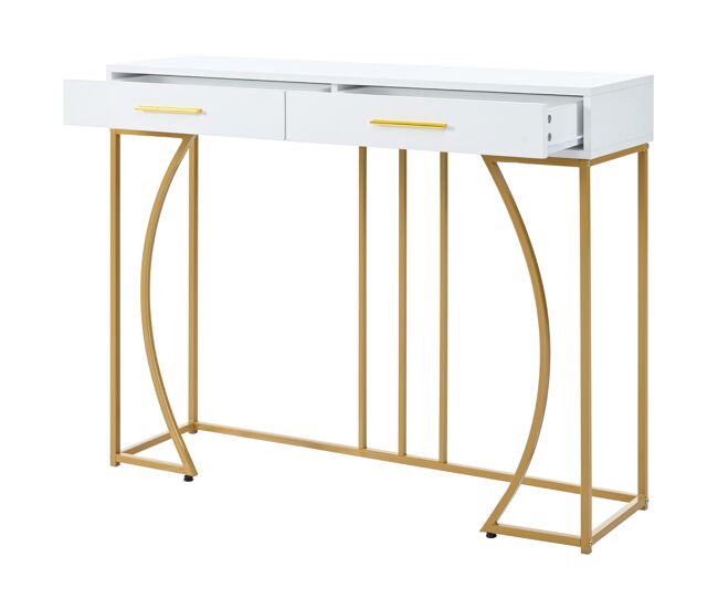 Consola de mdf com 2 gavetas,branco+dourado