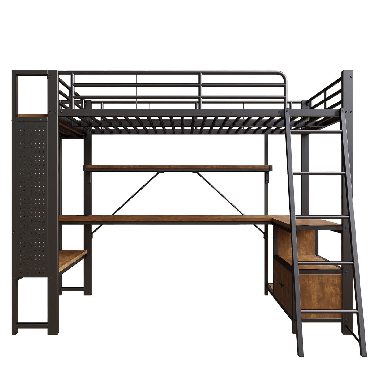 Cama alta 90x200 - metal, led, secretária, prateleiras, usb, arrumação - preto
