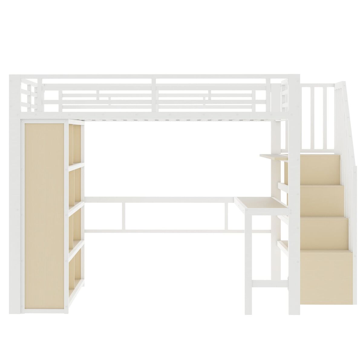 Cama alta 140x200 - com secretária, prateleira, led e escada com arrumação - branco
