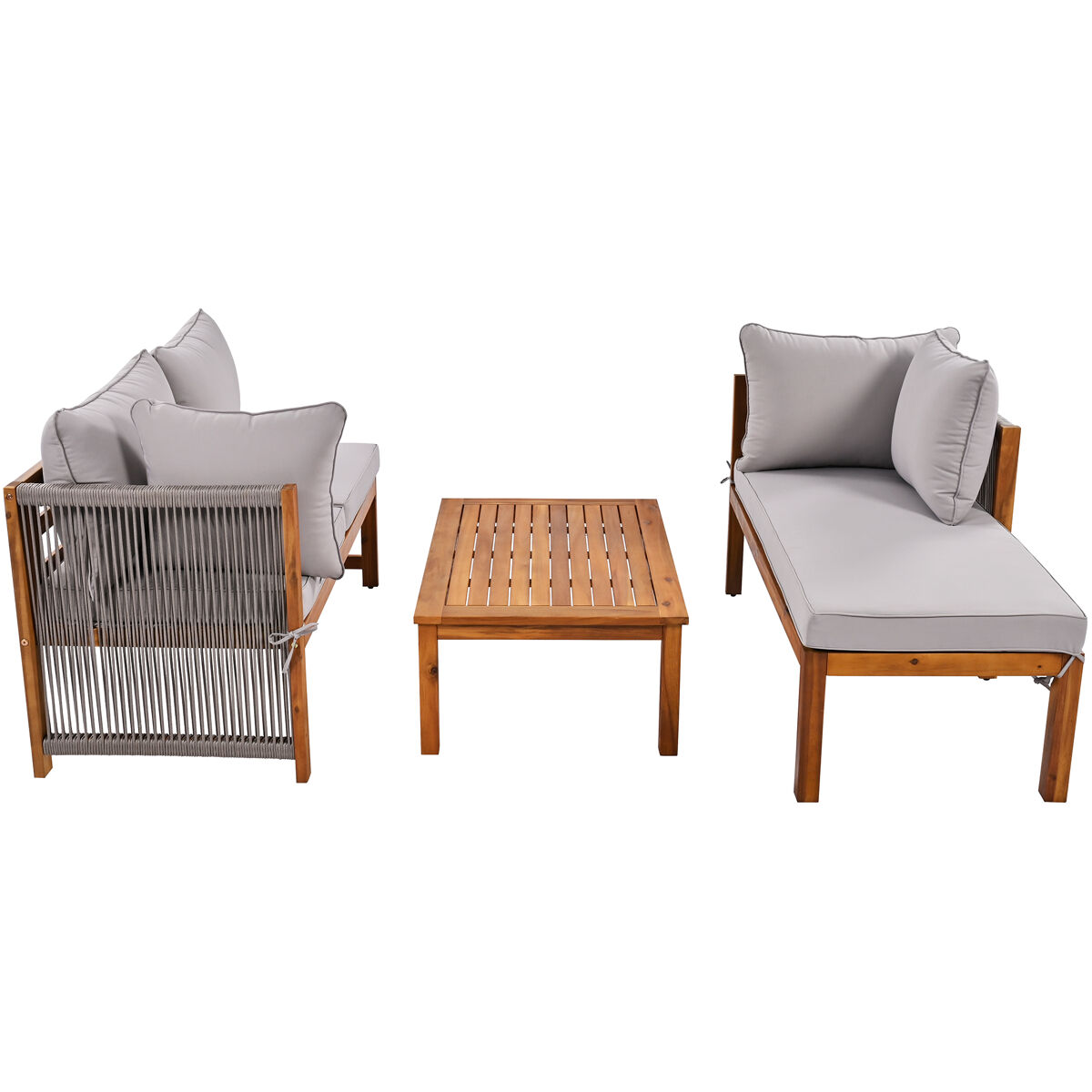 Conjunto de cadeiras de jardim (3 peças) - estrutura em acácia, braços em corda cinzenta, móveis de jardim em forma de l com pés ajustáveis - cinza